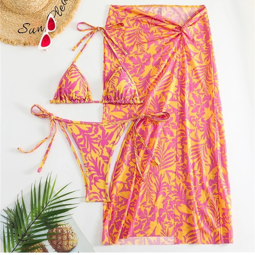 Vibrant Pink and Yellow Bikini Set with Sarong - 3 piece set